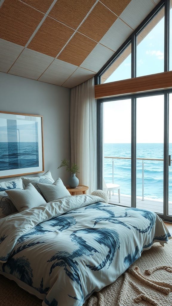 A serene bedroom featuring wave-patterned bedding, large windows with ocean views, and a calming color palette.