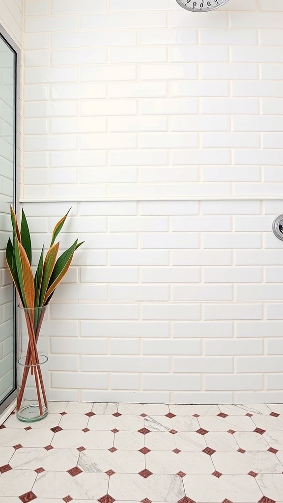 A bathroom featuring white subway tiles on the wall and patterned tiles on the floor, with a plant in a vase.