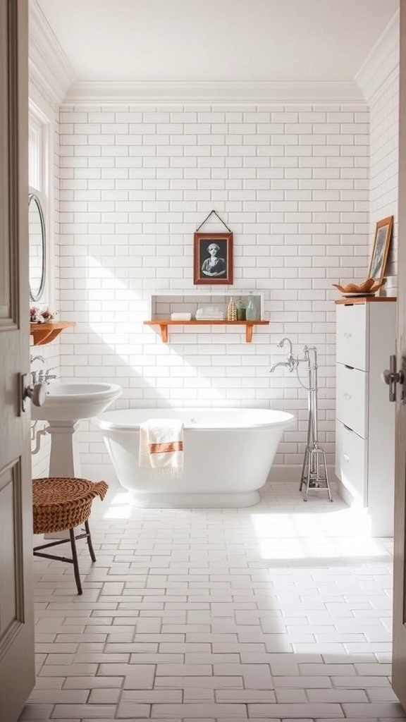 Bright bathroom featuring white subway tiles, a freestanding tub, and wooden shelves.