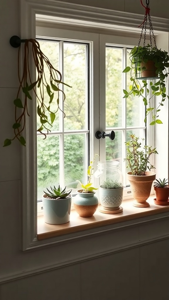 A cozy window sill with various succulent and herb planters, showcasing a mix of terracotta and ceramic pots.