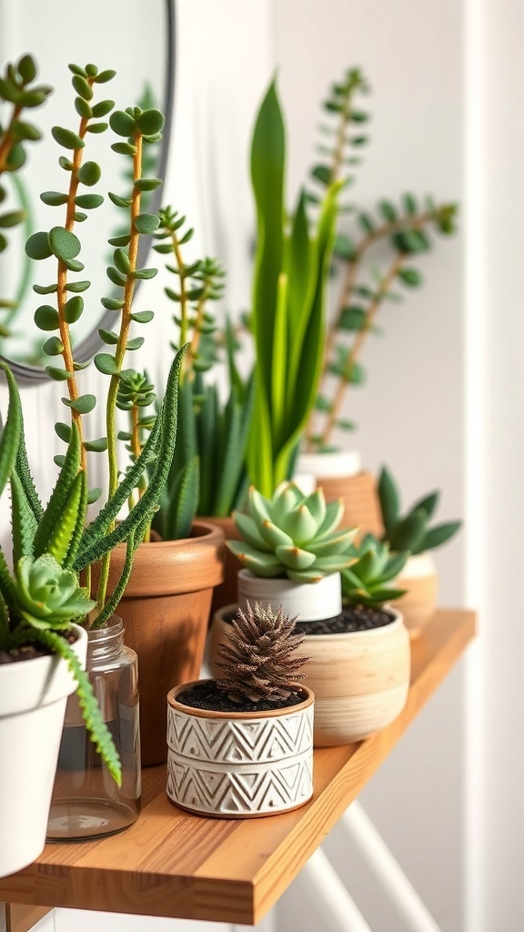 A variety of succulent plants arranged in different pots on a wooden shelf, showcasing a boho bathroom décor style.