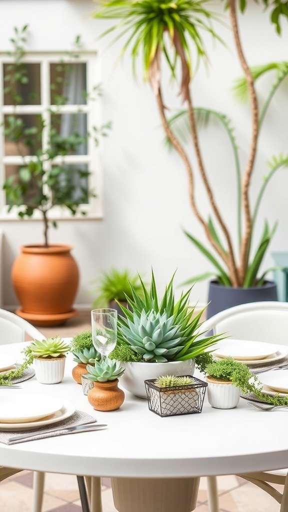 A round table set with succulent centerpieces, featuring various plants in different pots, surrounded by a bright patio setting.