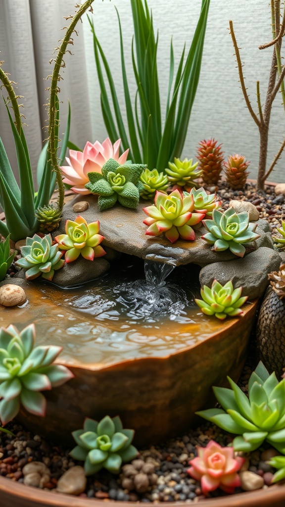A beautiful indoor succulent garden fountain with various succulents and flowing water.