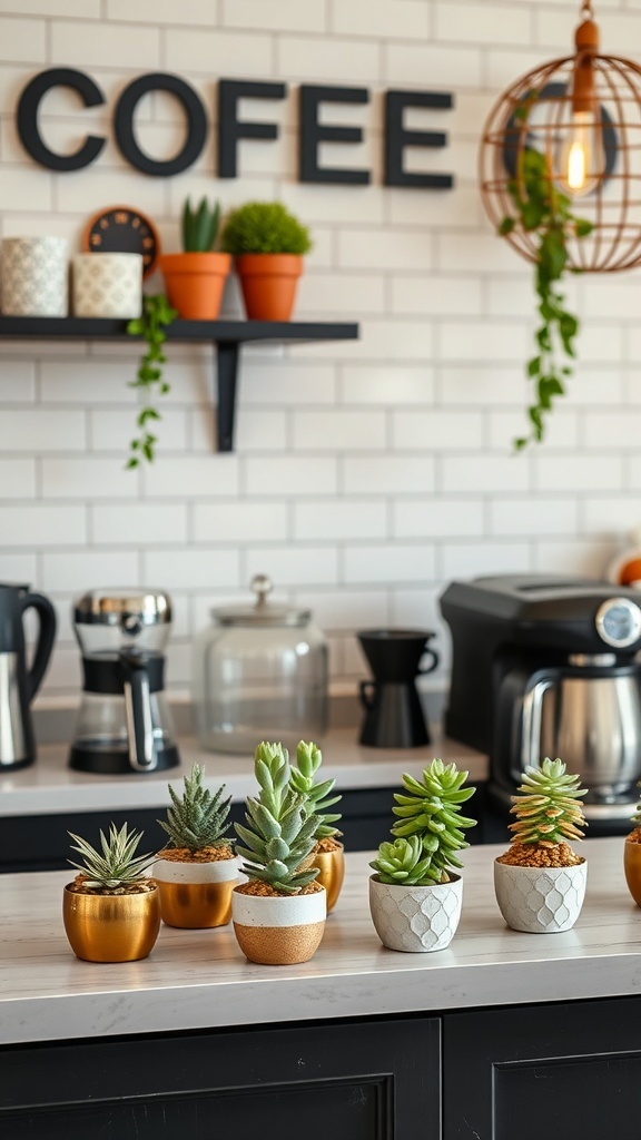 A coffee bar with various succulent plants in decorative pots on a countertop.