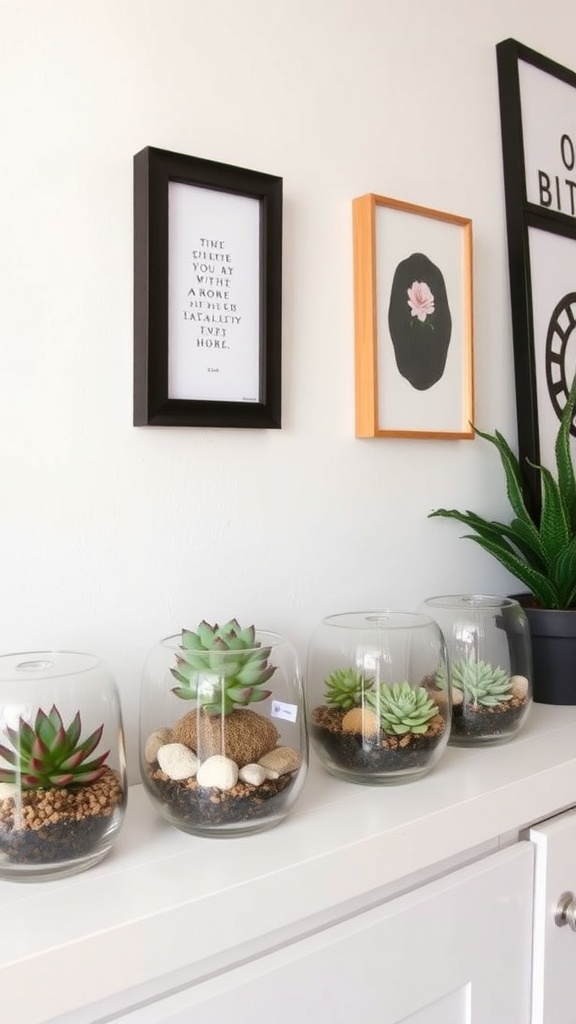 A row of succulent terrariums on a white shelf, with framed art on the wall behind.