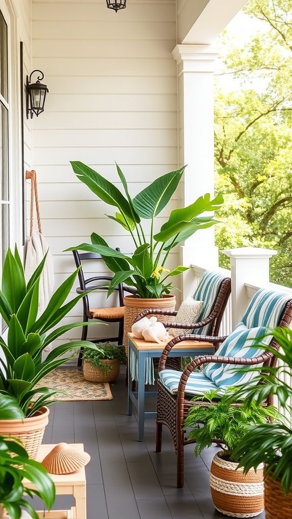 A cozy porch with tropical plants and beach-themed decor.