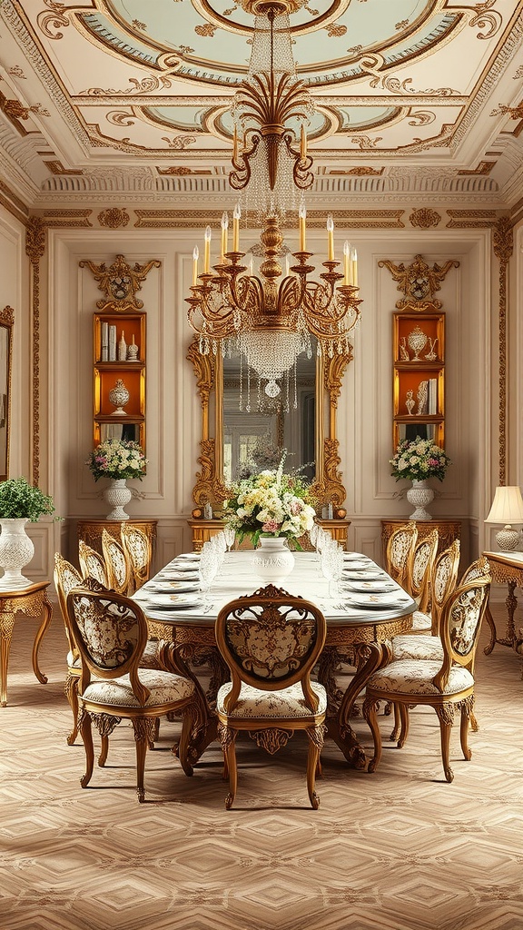 A luxurious Rococo dining area featuring an ornate chandelier, elegant table, and plush chairs.