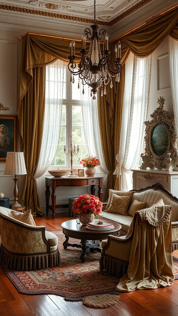 A luxurious Rococo-inspired interior featuring golden drapes, plush seating, and elegant decor.