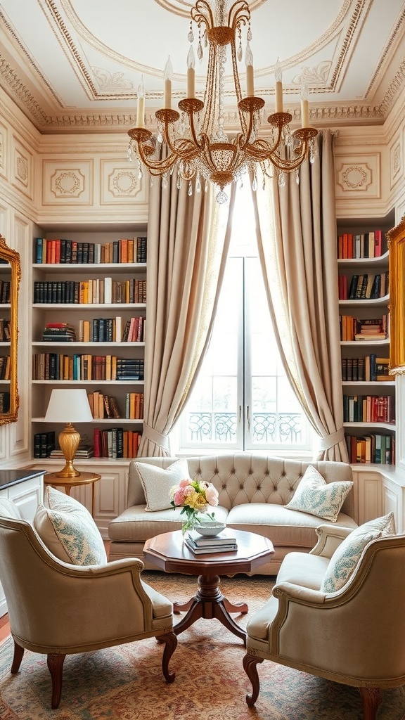 A luxurious reading nook with a chandelier, plush seating, and bookshelves.