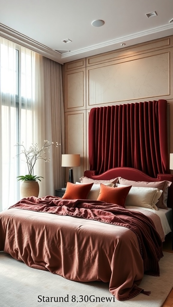 A luxurious bedroom featuring a plush bed with rich textiles, a stylish headboard, and warm lighting.