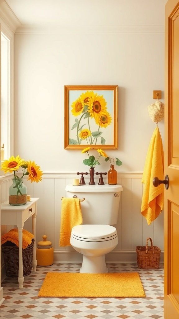 A bright bathroom decorated with sunflowers and yellow accents.