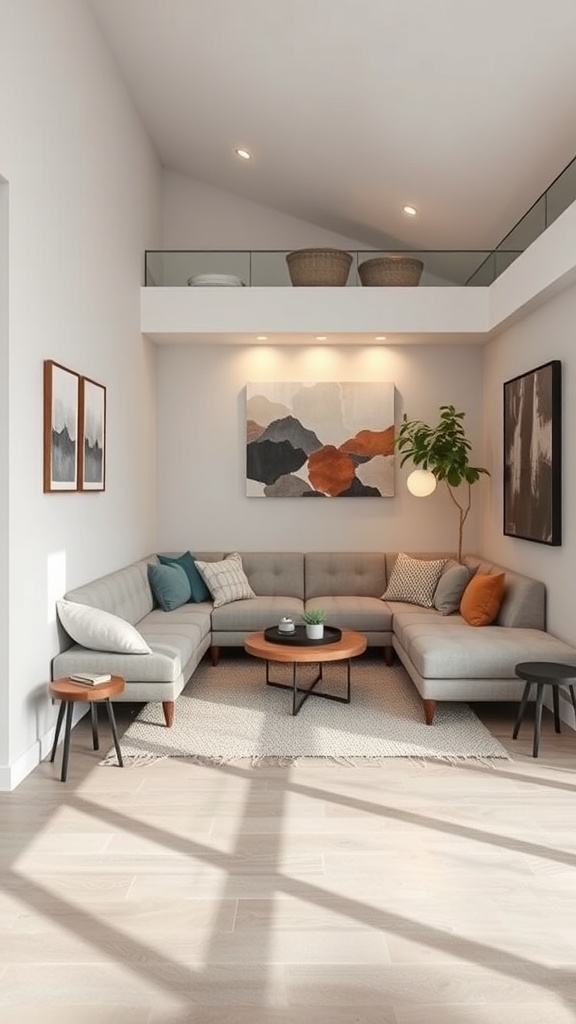 A cozy sunken couch area in a small living room with an L-shaped couch, a round coffee table, and decorative pillows.