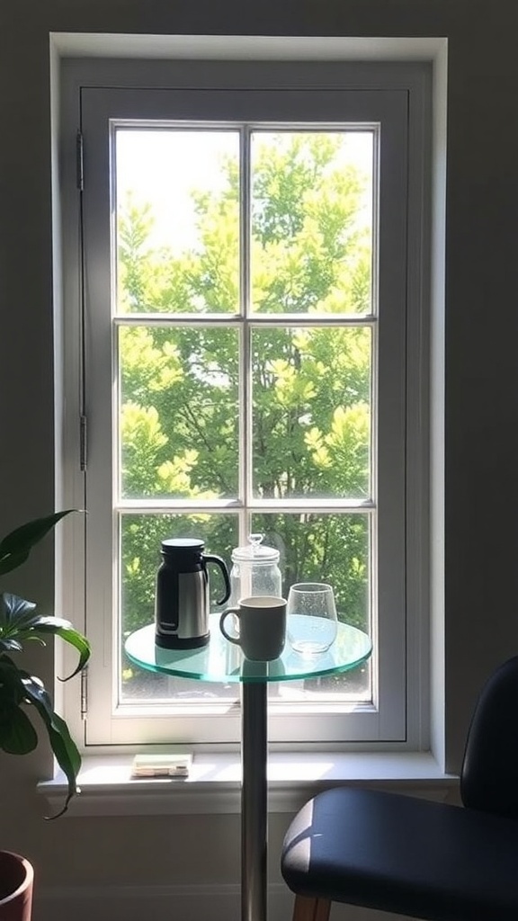 A sunlit window with a small glass table holding a coffee pot, a mug, and a glass, surrounded by greenery outside.