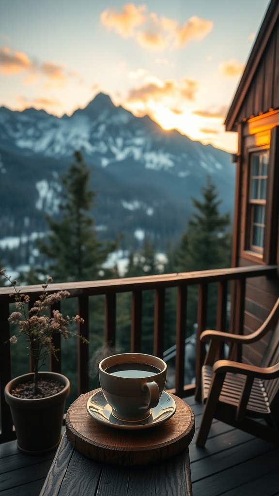 A steaming cup of coffee on a wooden table with a mountain view at sunrise.