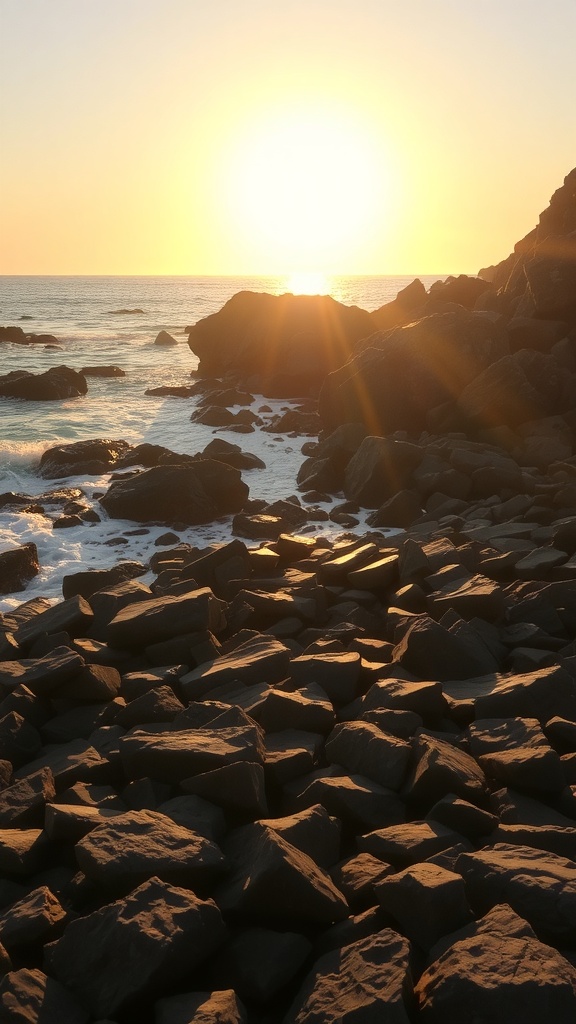 A beautiful sunrise over a rocky beach with golden light reflecting on the water.