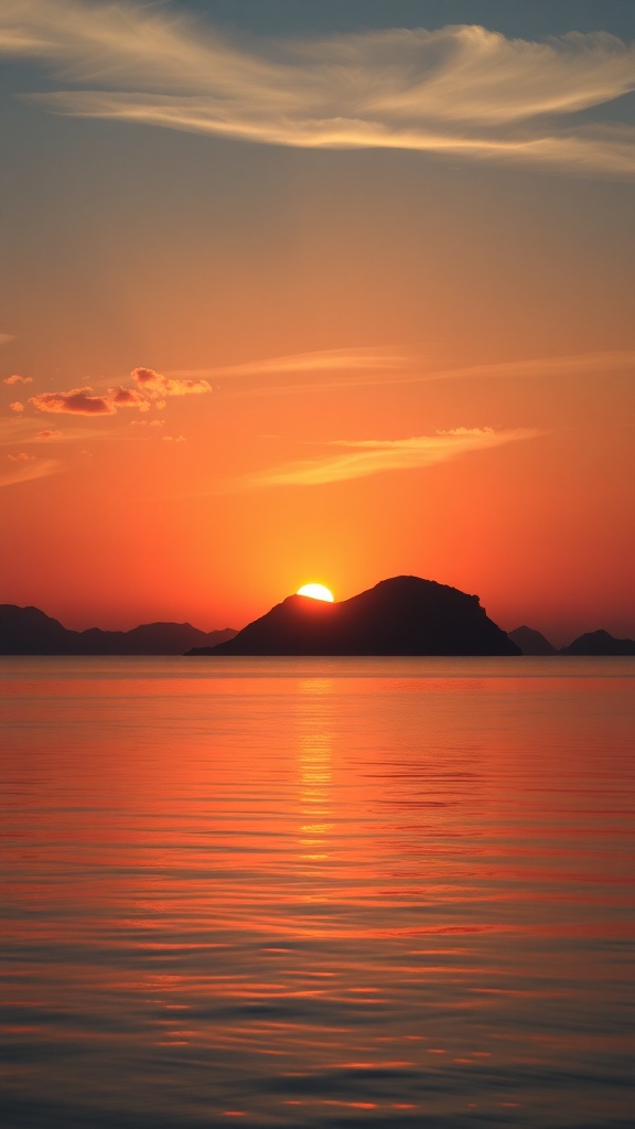 A beautiful sunrise over calm waters with vibrant colors reflecting on the surface.