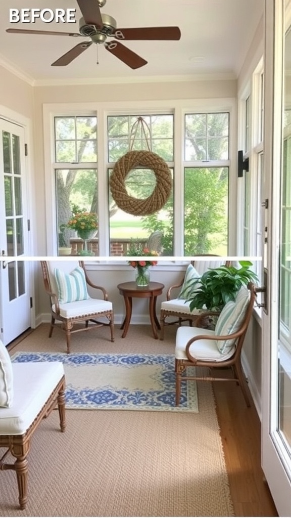 Before image of a sunroom with basic furniture and decor.