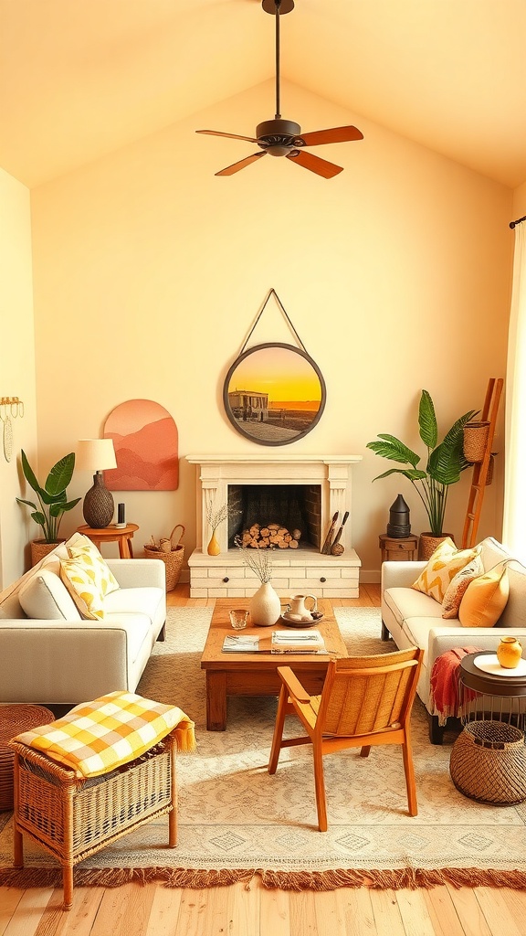 A cozy living room with sunset-inspired colors, featuring peach walls, warm wood furniture, and green plants.