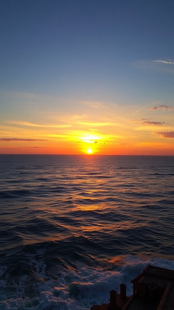 A vibrant sunset over the ocean with waves reflecting the colors of the sky.