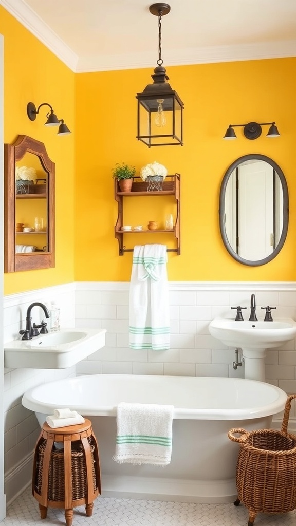 A bright yellow accent wall in a stylish bathroom with white tiles and dark fixtures.