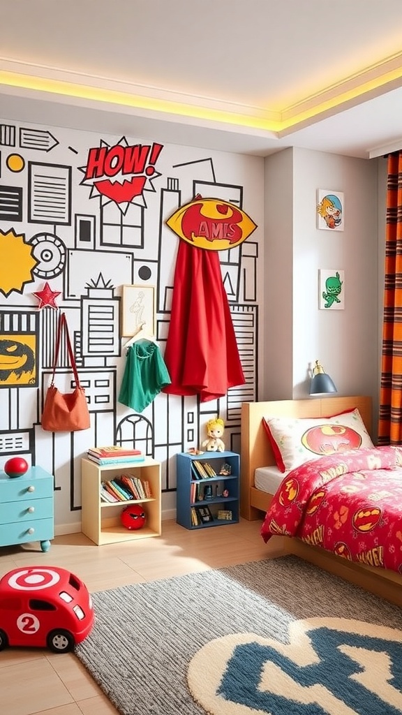 A colorful superhero-themed kids bedroom with comic-style wall art, bright bedding, and playful decor.