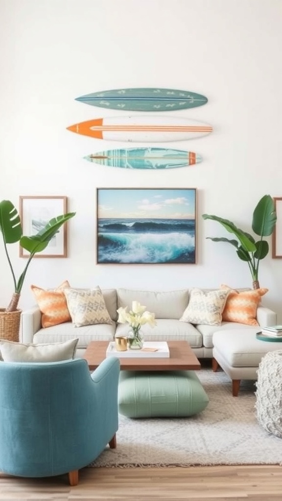 Living room with surfboard wall art, cozy seating, and ocean-themed decor.