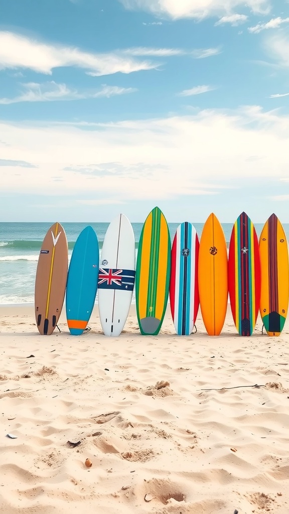Colorful surfboards lined up on a sandy beach with ocean waves in the background