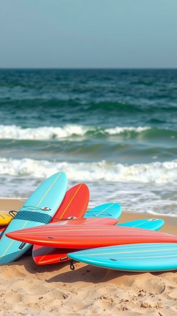 Colorful surfboards lined up on the beach with ocean waves in the background
