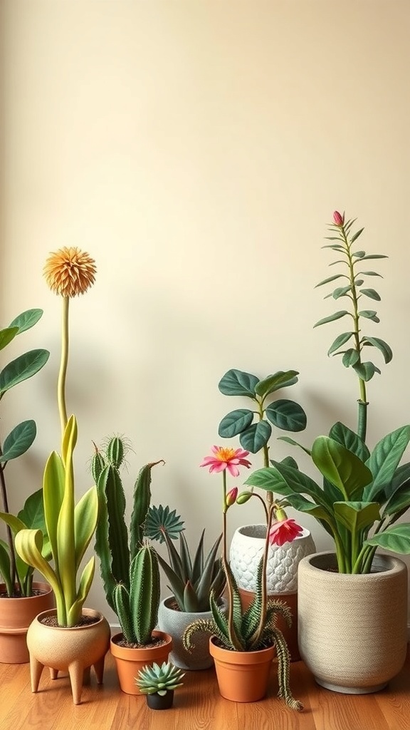A collection of unique plants in various pots, showcasing surreal shapes and colors.