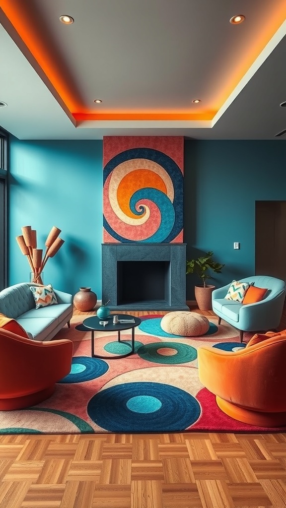 A vibrant living room featuring a colorful circular rug, blue walls, and eclectic furniture.