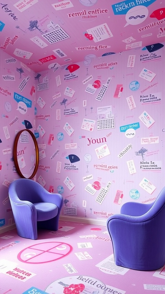 A room with surrealist-inspired wallpaper featuring colorful patterns and playful designs.
