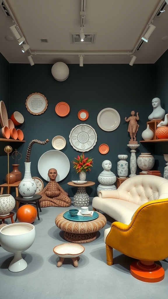 A collection of surrealist ceramics and pottery displayed in a modern setting.