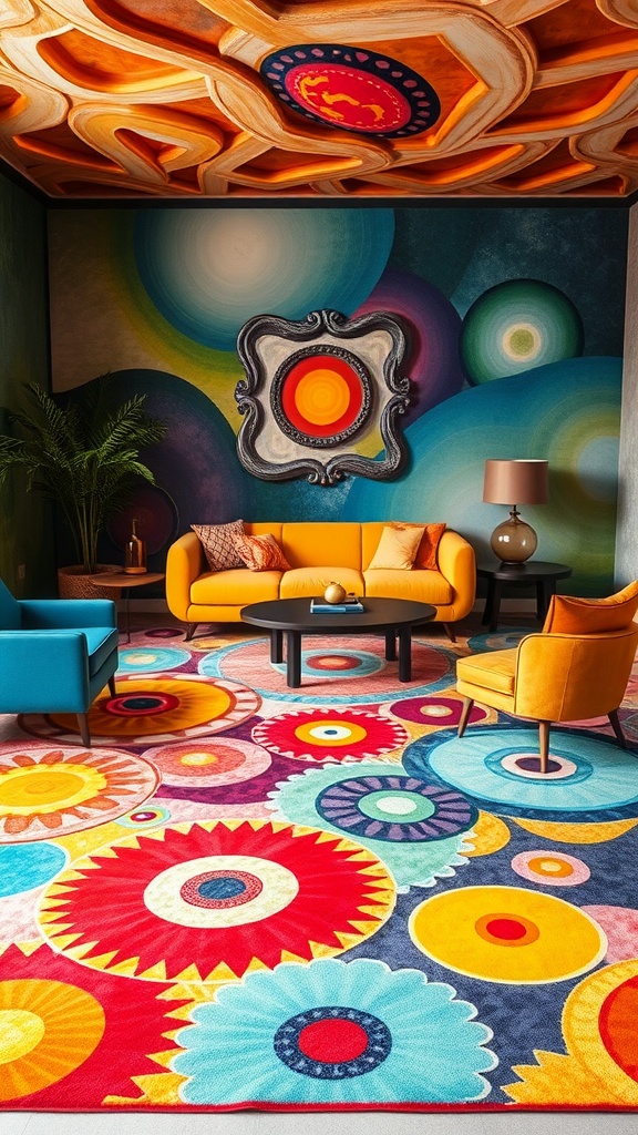 A colorful surrealist rug with floral and geometric patterns in a vibrant living room setting.