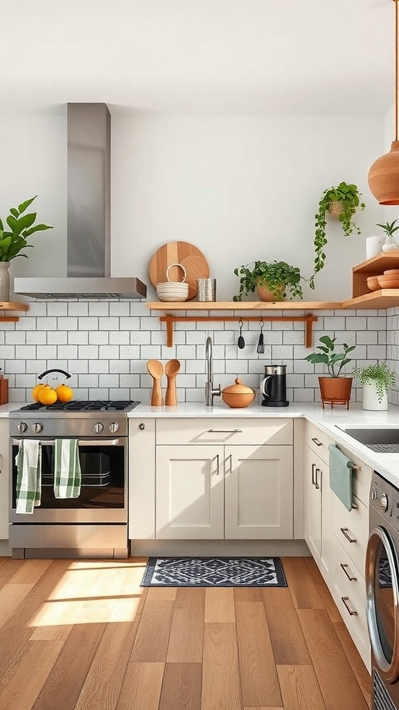 Stylish kitchen with wooden cabinets, plants, and modern appliances.