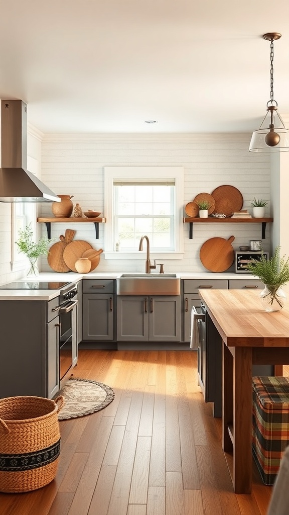 A cozy kitchen with wooden shelves, natural light, and eco-friendly decor elements.