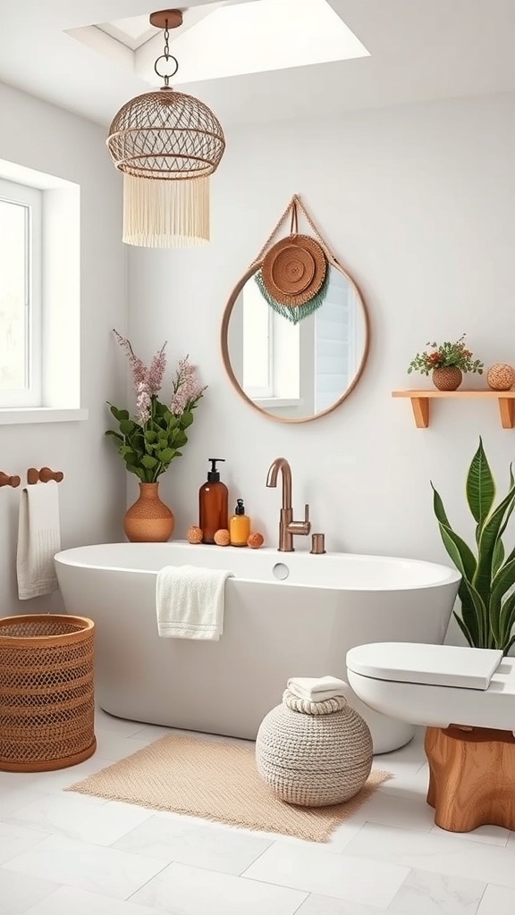 A boho bathroom featuring a white bathtub, natural decor, plants, and a woven light fixture.