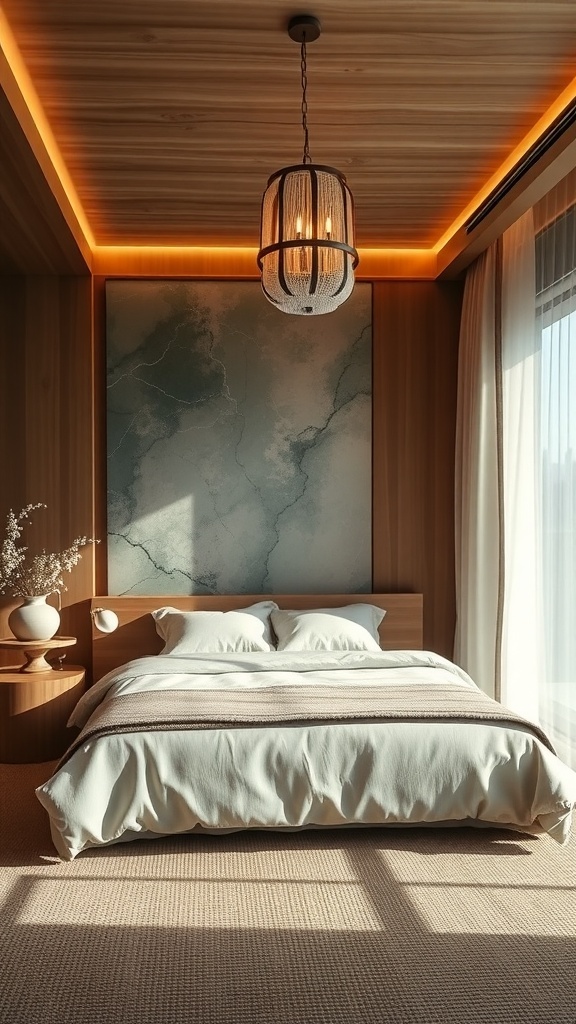 A serene Japandi bedroom featuring wooden elements, soft bedding, and warm lighting.