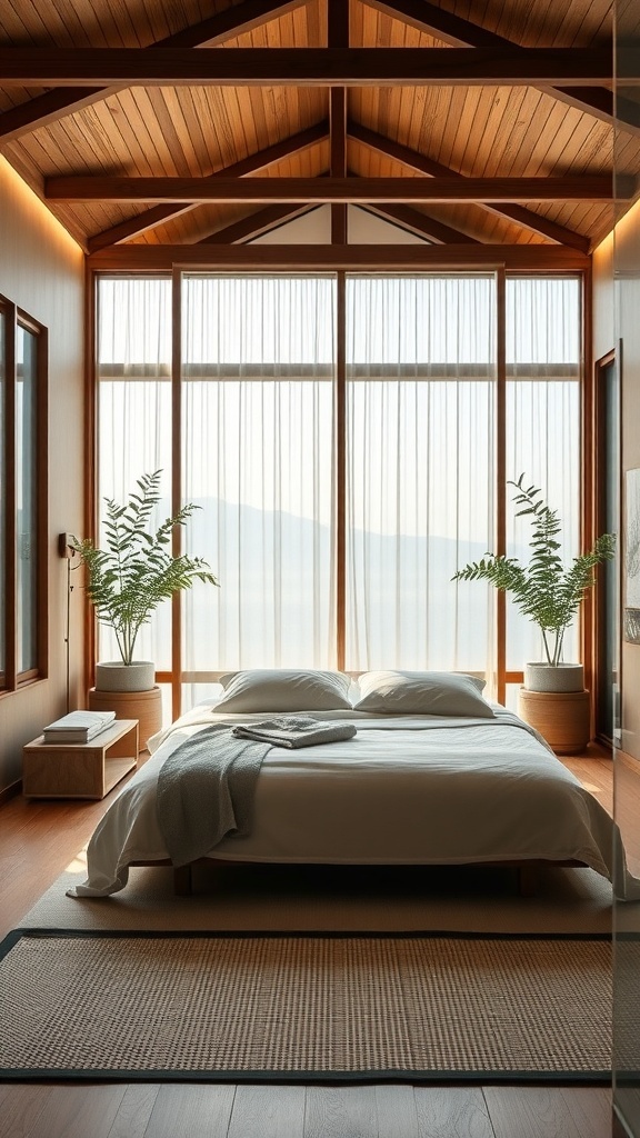 A serene Japandi-style bedroom with wooden beams, large windows, and plants.