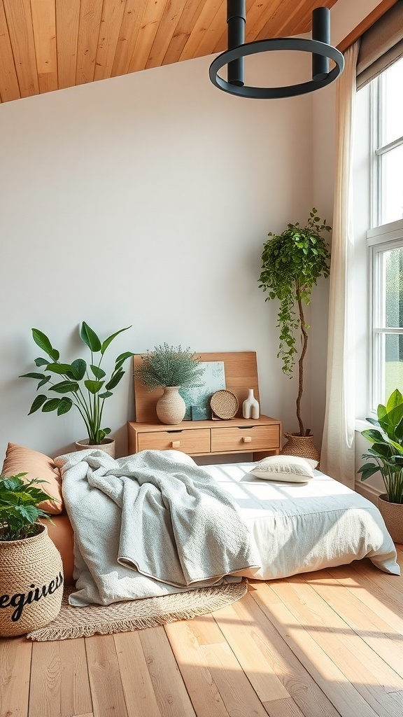 A cozy bedroom with wooden ceiling and floor, plants, and eco-friendly decor.