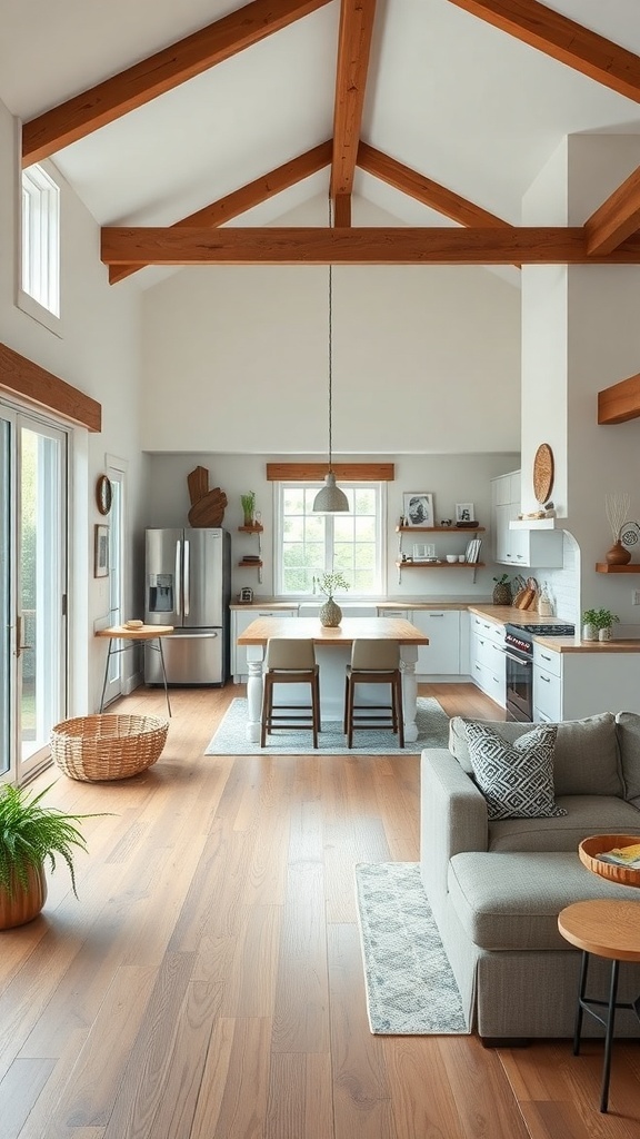 Interior of a modern farmhouse with wooden beams, a cozy living area, and a bright kitchen.