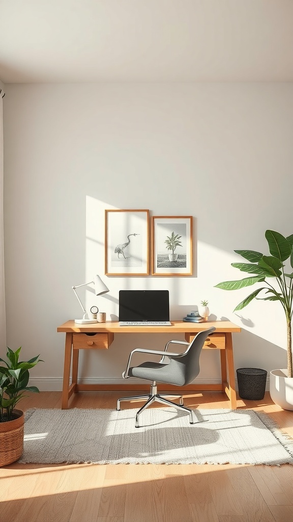 A bright and modern home office featuring a wooden desk, a sleek chair, and plants, emphasizing eco-friendly design.