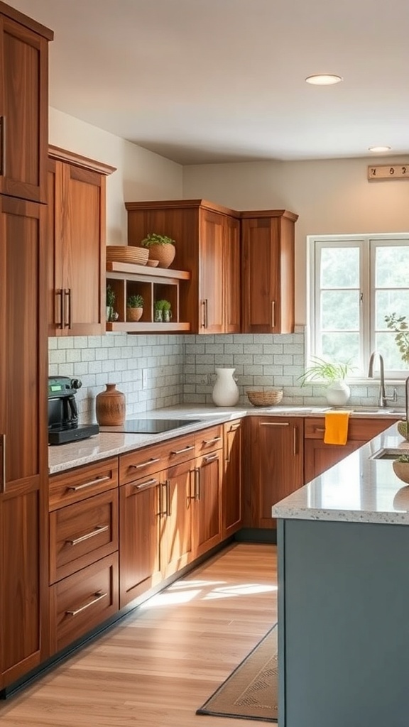 A modern kitchen featuring eco-friendly materials, with a dark green island, light cabinets, and natural wood flooring.