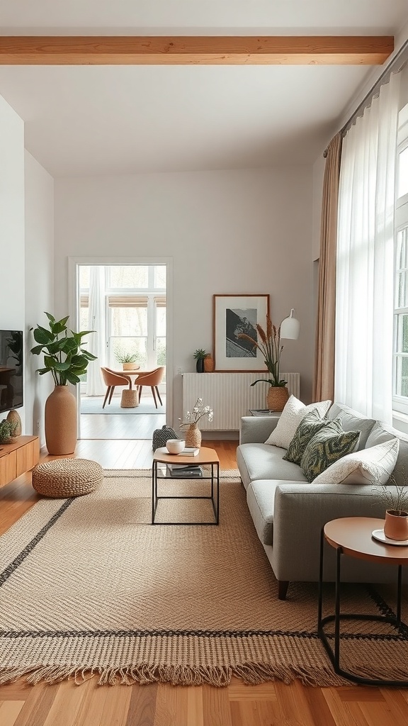 A cozy living room with a natural fiber area rug, light-colored walls, and wooden accents.