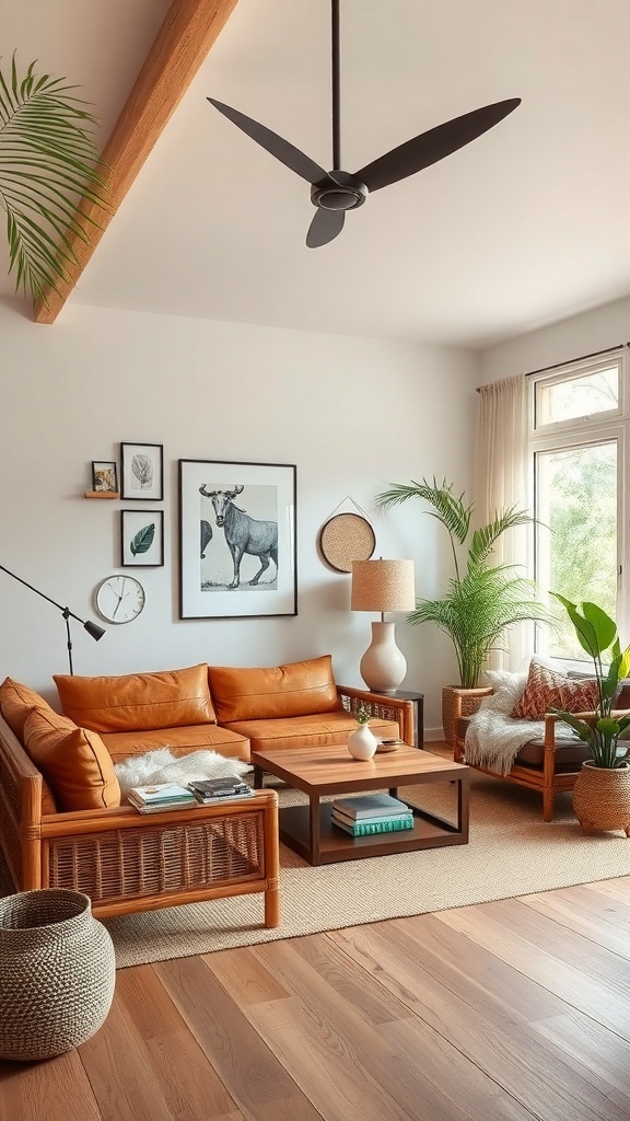 A cozy living room featuring bamboo furniture, leather cushions, and indoor plants.