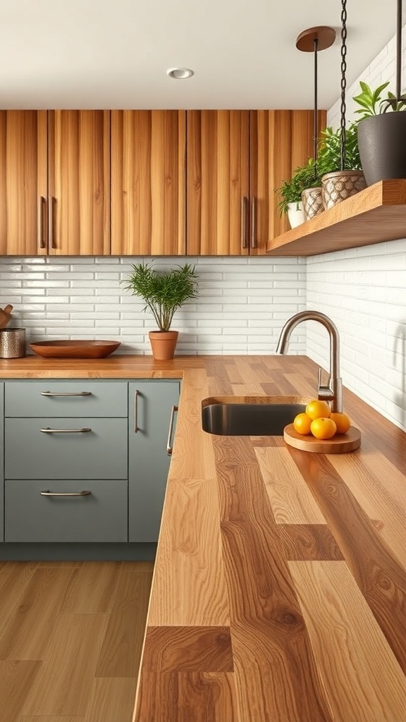 A modern kitchen with bamboo countertops, featuring light wood tones and a bright, inviting atmosphere.