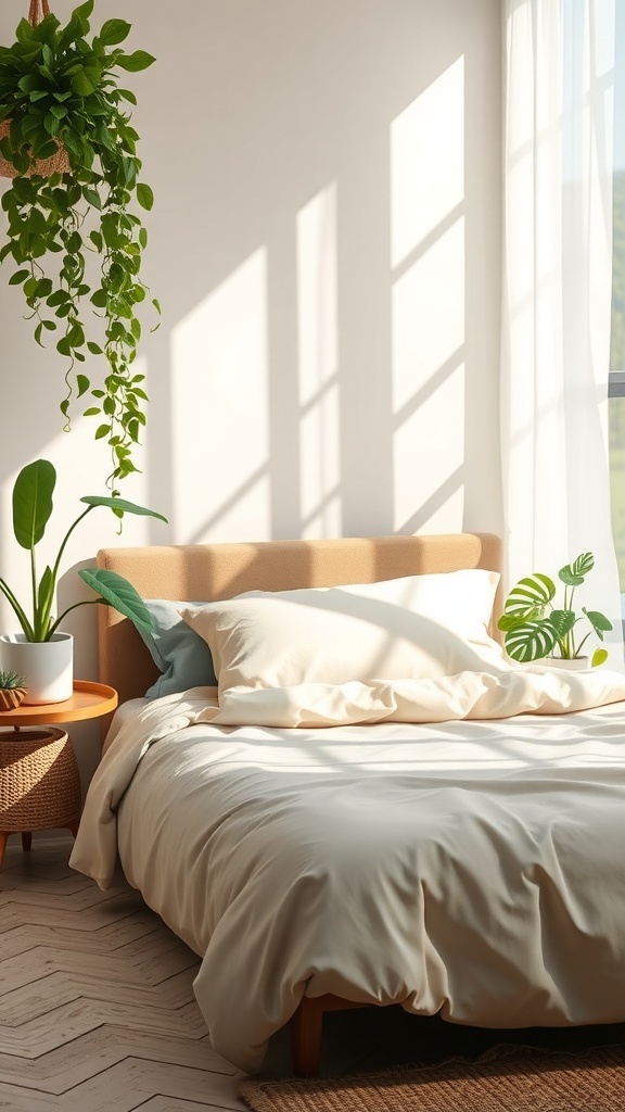 A cozy bed with neutral bedding and plants in a bright room.