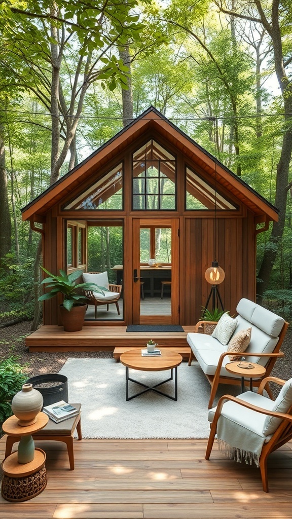 Ein modernes Tiny House aus Holz, umgeben von Bäumen und Natur.