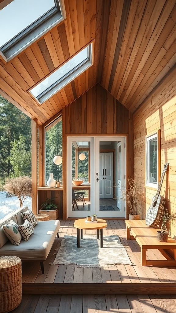 Ein gemütlicher Raum in einem Tiny House mit Holzverkleidung, großen Fenstern und einem einladenden Ambiente.