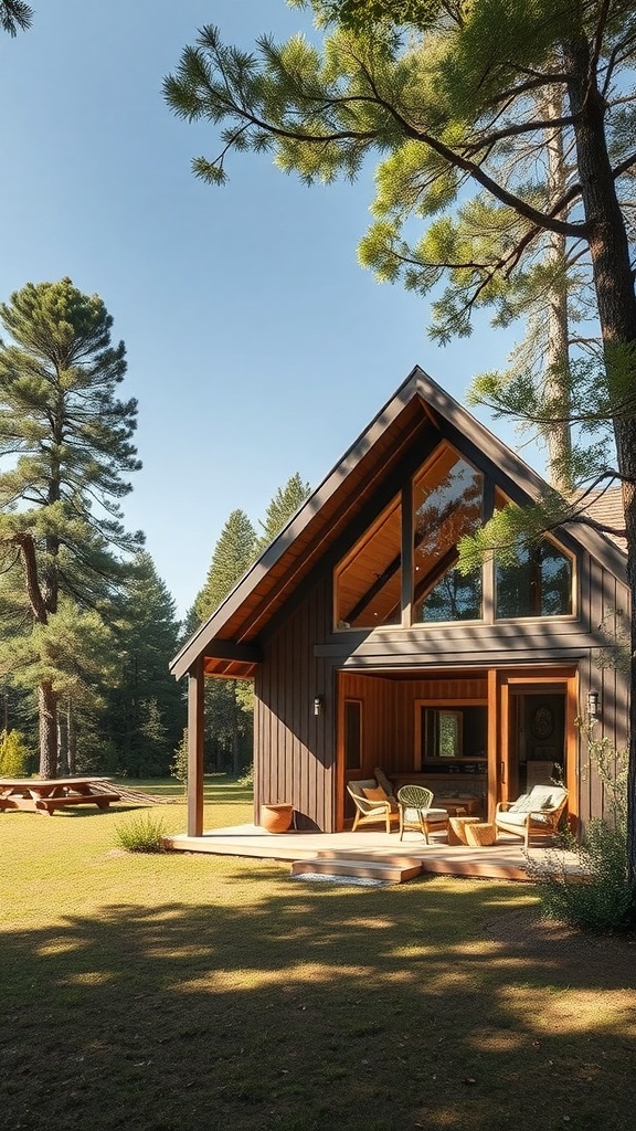 A sustainable cabin surrounded by trees and a clear sky, featuring large windows and a picnic area.