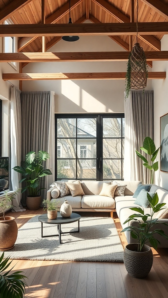 A bright and airy living room with wooden beams, large windows, and plenty of plants, showcasing a sustainable chic design.